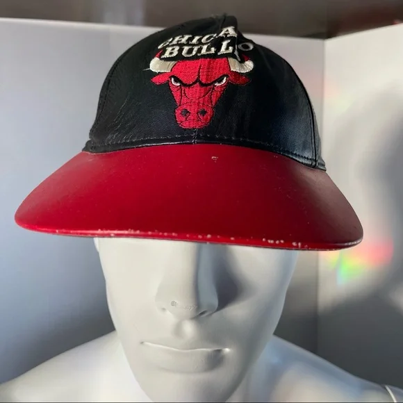 1990s” NBA Chicago Bulls Red/Black Leather Jeff Hamilton Design Strap back Hat